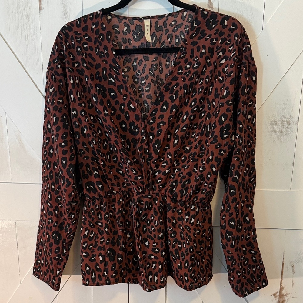 Leopard Print V Neck Peplum Blouse in Burgundy
